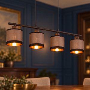 Lampadario 4 luci per sala da pranzo moderno nero con paralumi in tessuto tortora oro