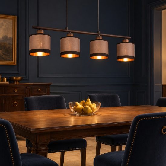 Lampadario 4 luci per sala da pranzo moderno nero con paralumi in tessuto tortora oro