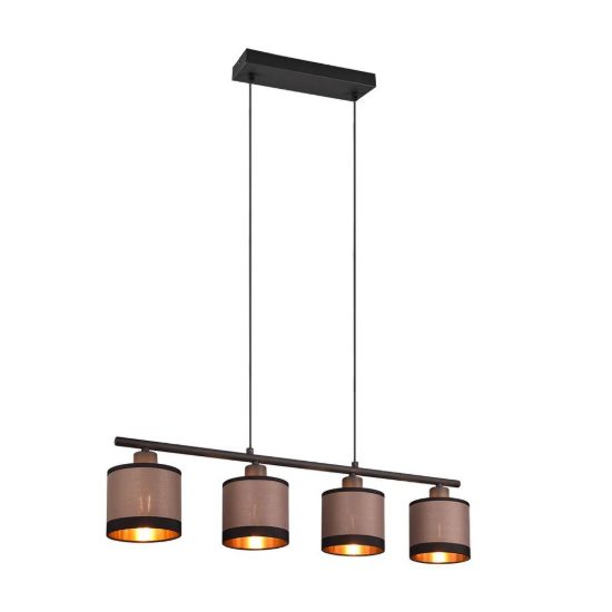 Lampadario 4 luci per sala da pranzo moderno nero con paralumi in tessuto tortora oro
