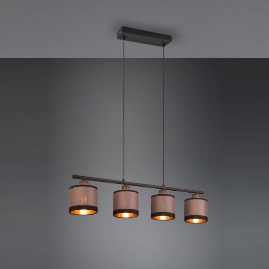 Lampadario 4 luci per sala da pranzo moderno nero con paralumi in tessuto tortora oro
