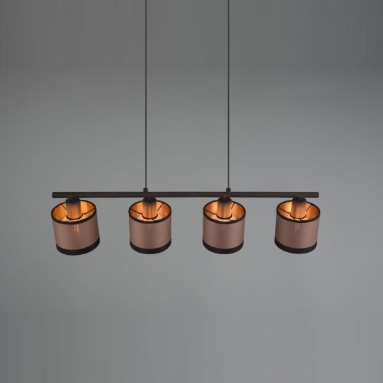 Lampadario 4 luci per sala da pranzo moderno nero con paralumi in tessuto tortora oro