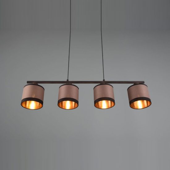Lampadario 4 luci per sala da pranzo moderno nero con paralumi in tessuto tortora oro