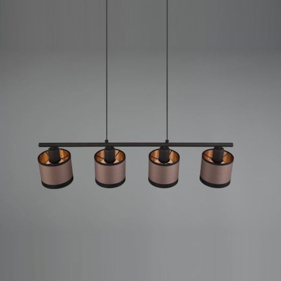 Lampadario 4 luci per sala da pranzo moderno nero con paralumi in tessuto tortora oro
