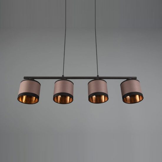 Lampadario 4 luci per sala da pranzo moderno nero con paralumi in tessuto tortora oro