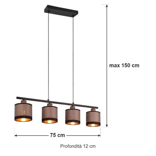 Lampadario 4 luci per sala da pranzo moderno nero con paralumi in tessuto tortora oro