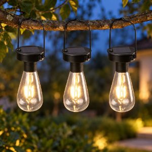 Set 3 lampade solari a lampadina da appendere led 3x0,1w ip44 nere con sensore crepuscolare