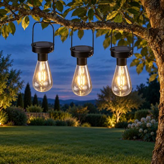 Set 3 lampade solari a lampadina da appendere led 3x0,1w ip44 nere con sensore crepuscolare