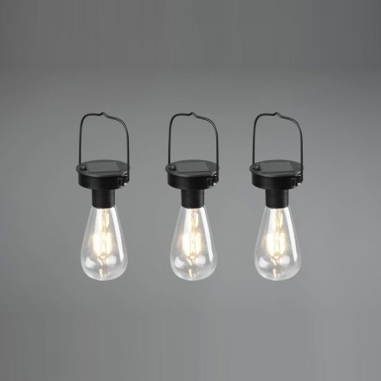 Set 3 lampade solari a lampadina da appendere led 3x0,1w ip44 nere con sensore crepuscolare