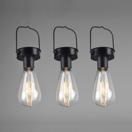 Set 3 lampade solari a lampadina da appendere led 3x0,1w ip44 nere con sensore crepuscolare