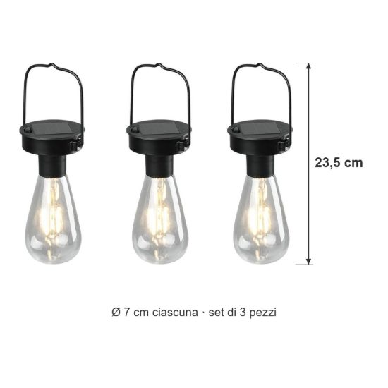 Set 3 lampade solari a lampadina da appendere led 3x0,1w ip44 nere con sensore crepuscolare