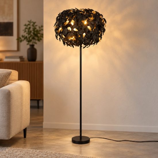 Piantana per soggiorno moderna nera con foglie lavabili nere oro