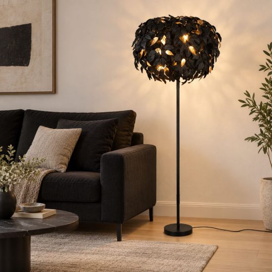 Piantana per soggiorno moderna nera con foglie lavabili nere oro