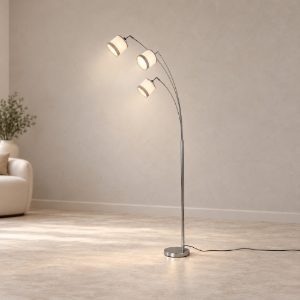 Piantana 3 luci per soggiorno moderna cromo con paralumi in tessuto bianco grigio