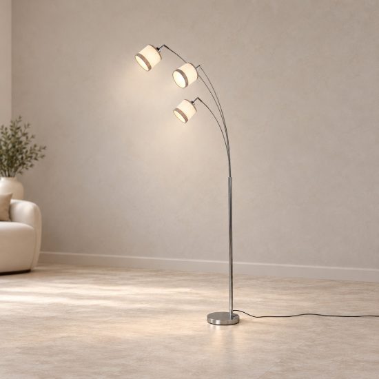 Piantana 3 luci per soggiorno moderna cromo con paralumi in tessuto bianco grigio