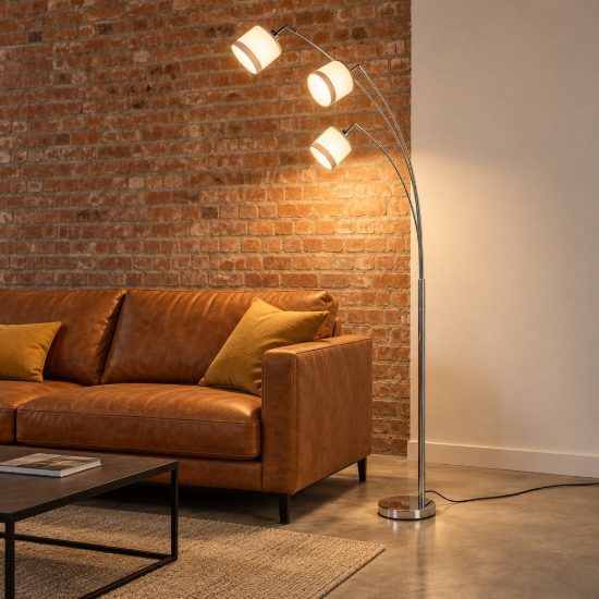 Piantana 3 luci per soggiorno moderna cromo con paralumi in tessuto bianco grigio