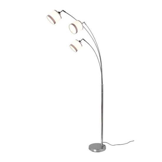 Piantana 3 luci per soggiorno moderna cromo con paralumi in tessuto bianco grigio