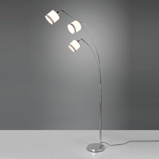 Piantana 3 luci per soggiorno moderna cromo con paralumi in tessuto bianco grigio