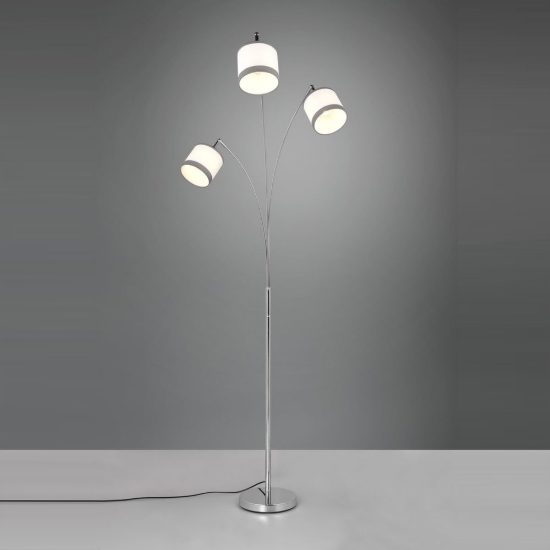 Piantana 3 luci per soggiorno moderna cromo con paralumi in tessuto bianco grigio