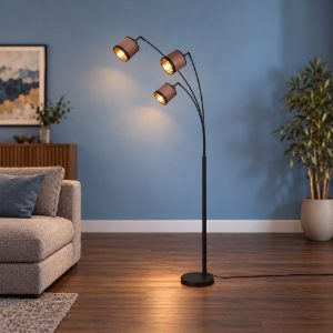 Lampada da terra 3 luci per soggiorno moderna nera con paralumi in tessuto tortora oro