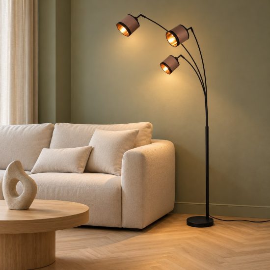 Lampada da terra 3 luci per soggiorno moderna nera con paralumi in tessuto tortora oro