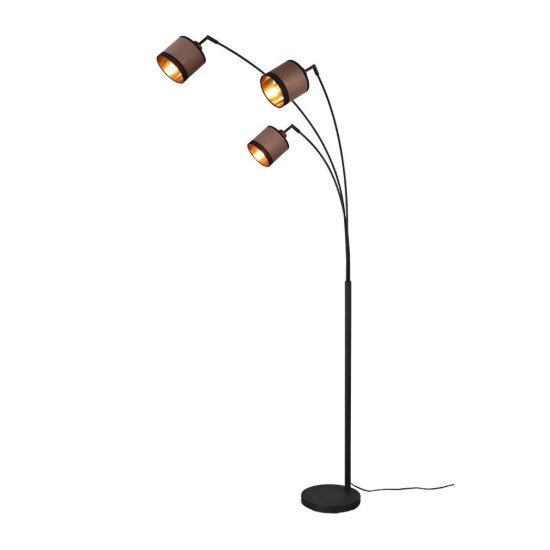 Lampada da terra 3 luci per soggiorno moderna nera con paralumi in tessuto tortora oro