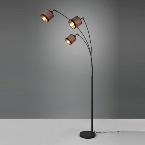 Lampada da terra 3 luci per soggiorno moderna nera con paralumi in tessuto tortora oro