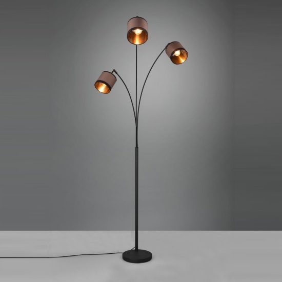 Lampada da terra 3 luci per soggiorno moderna nera con paralumi in tessuto tortora oro