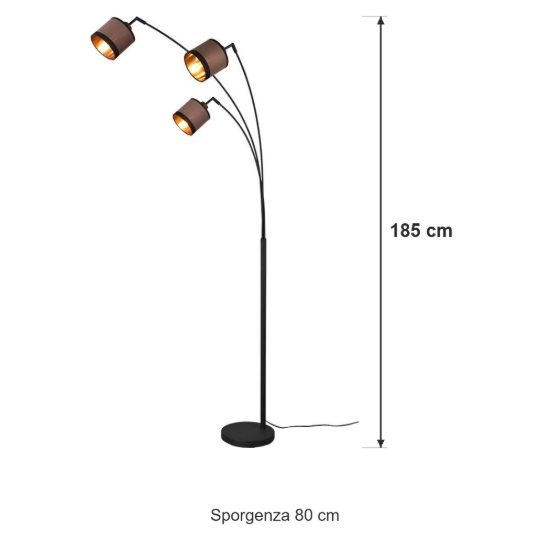 Lampada da terra 3 luci per soggiorno moderna nera con paralumi in tessuto tortora oro