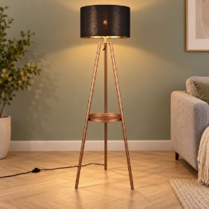 Lampada da terra per soggiorno a treppiede caffe con tavolino paralume nero oro