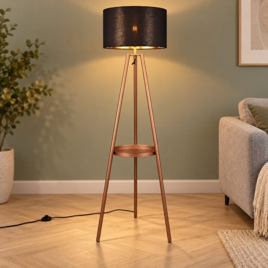 Lampada da terra per soggiorno a treppiede caffe con tavolino paralume nero oro