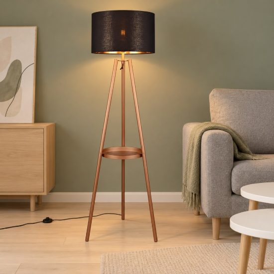 Lampada da terra per soggiorno a treppiede caffe con tavolino paralume nero oro