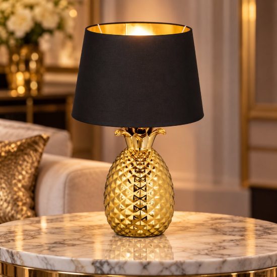 Lampada da tavolo per soggiorno ad ananas in ceramica oro paralume nero