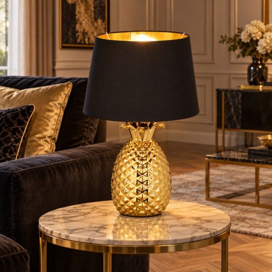 Lampada da tavolo per soggiorno ad ananas in ceramica oro paralume nero