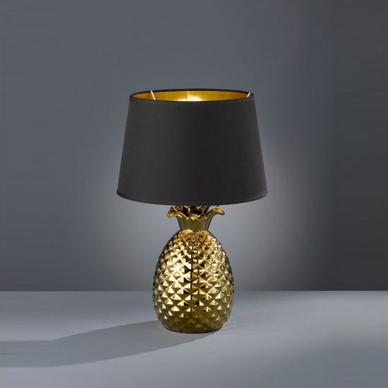 Lampada da tavolo per soggiorno ad ananas in ceramica oro paralume nero