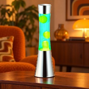 Lampada da tavolo effetto lava gy6,35 per cameretta cromo con cera verde