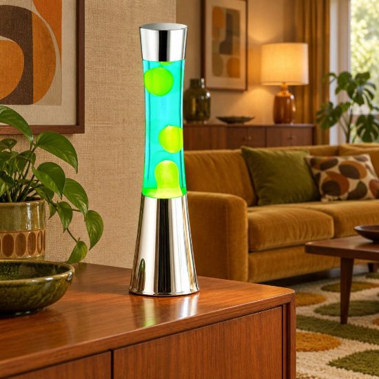Lampada da tavolo effetto lava gy6,35 per cameretta cromo con cera verde