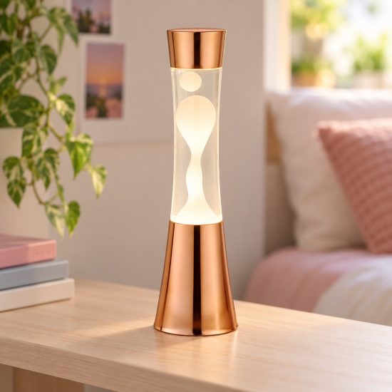 Lampada da tavolo effetto lava gy6,35 per cameretta rame opaco con cera ambra