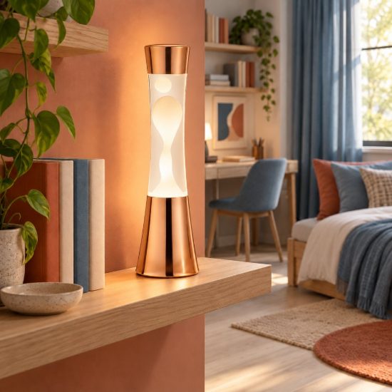 Lampada da tavolo effetto lava gy6,35 per cameretta rame opaco con cera ambra