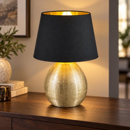 Lampada da tavolo per camera da letto moderna base in ceramica oro paralume nero