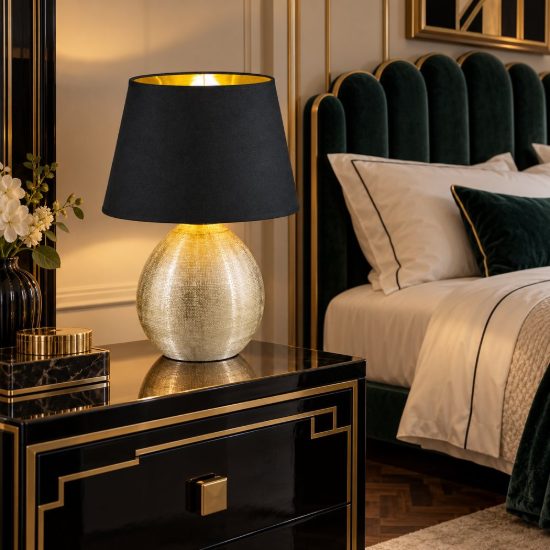 Lampada da tavolo per camera da letto moderna base in ceramica oro paralume nero