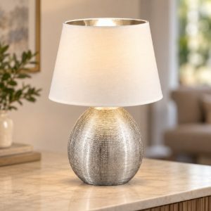 Lampada da tavolo per soggiorno moderna base in ceramica argento paralume bianco