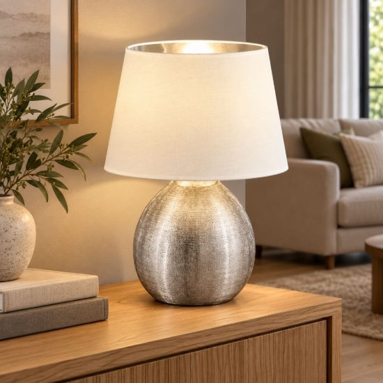 Lampada da tavolo per soggiorno moderna base in ceramica argento paralume bianco