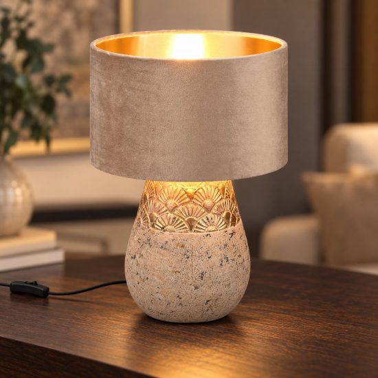 Lampada da tavolo per soggiorno in ceramica grigia oro con paralume in velluto beige