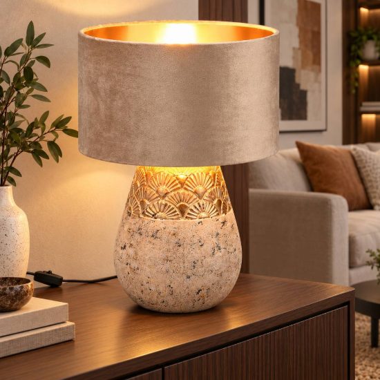 Lampada da tavolo per soggiorno in ceramica grigia oro con paralume in velluto beige