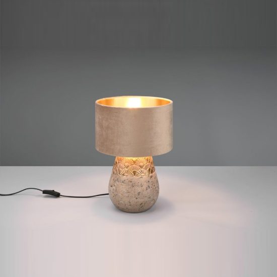 Lampada da tavolo per soggiorno in ceramica grigia oro con paralume in velluto beige