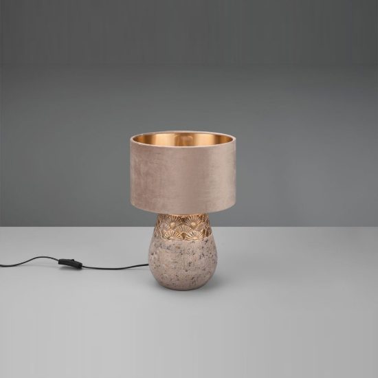 Lampada da tavolo per soggiorno in ceramica grigia oro con paralume in velluto beige