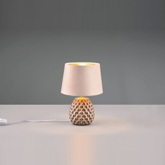 Abat-jour piccolo per comodino moderno in ceramica beige con paralume effetto velluto sabbia