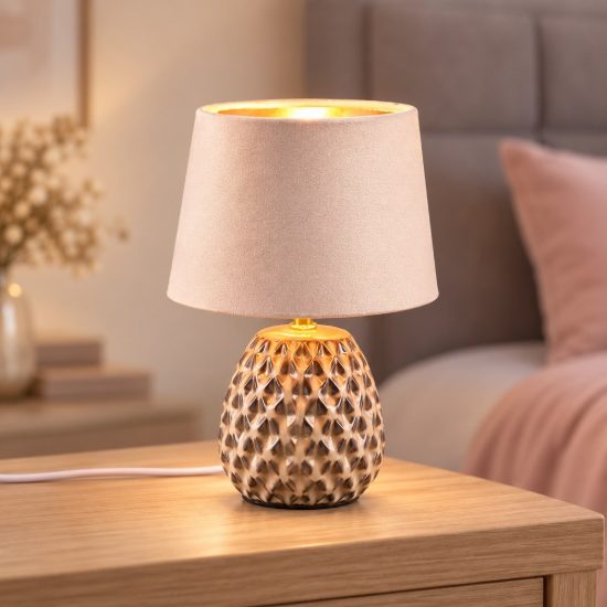 Abat-jour grande per comodino moderno in ceramica beige con paralume effetto velluto sabbia