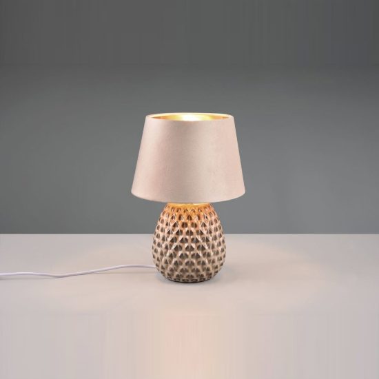 Abat-jour grande per comodino moderno in ceramica beige con paralume effetto velluto sabbia