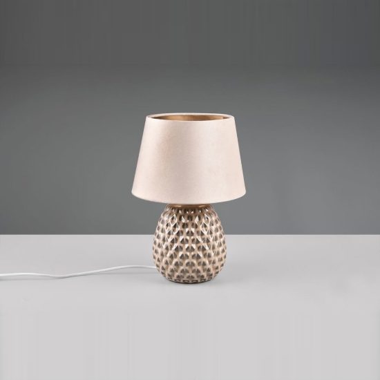 Abat-jour grande per comodino moderno in ceramica beige con paralume effetto velluto sabbia